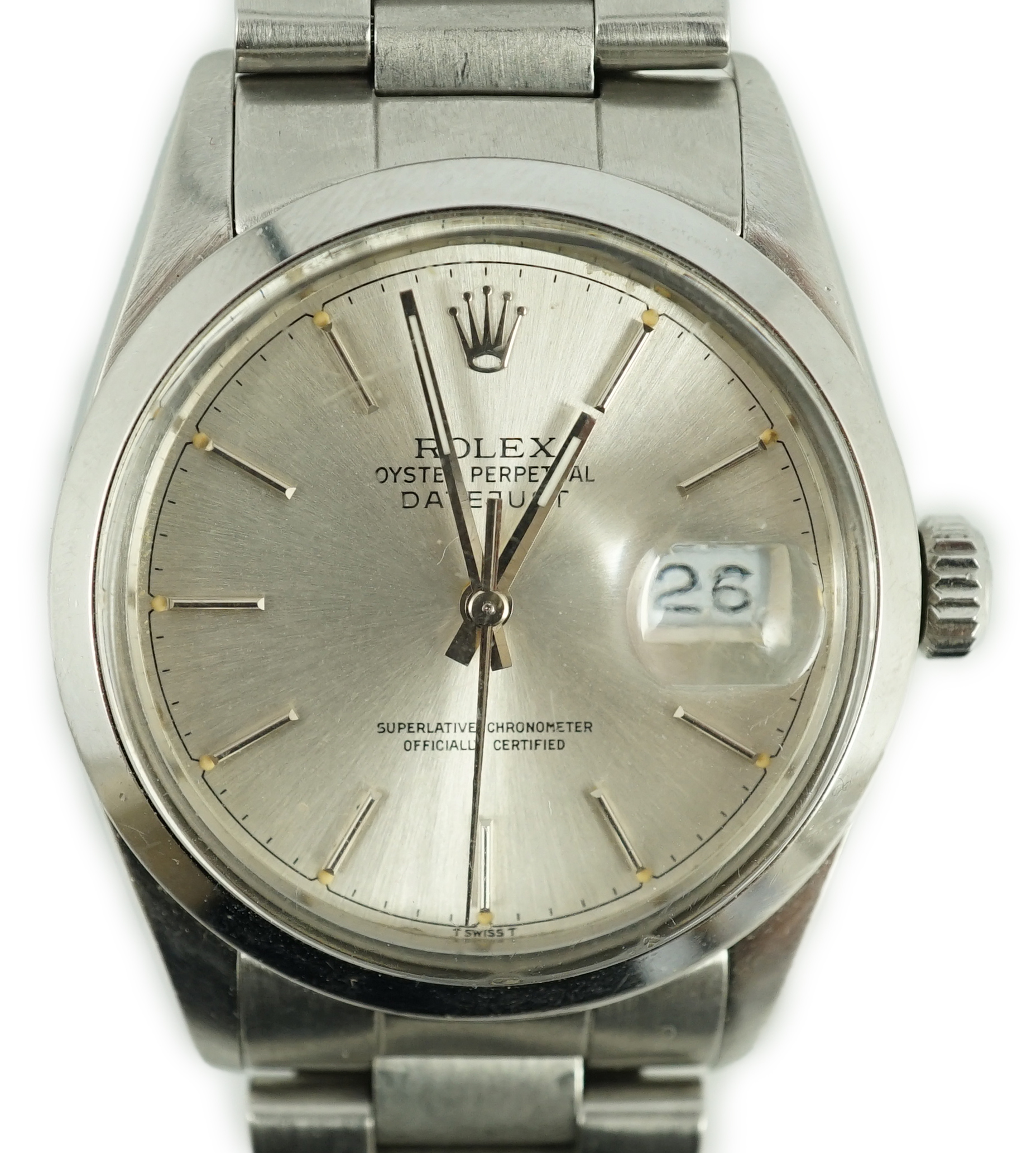 A gentleman's mid 1980's stainless steel Rolex Oyster Perpetual Datejust wrist watch, on a stainless steel Rolex bracelet